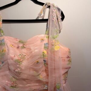 Pink Floral Embroidered Tulle Mini Dress Tie Straps
